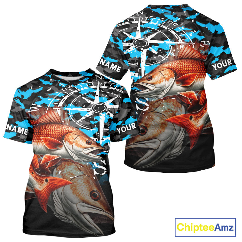 Redfish( Red Drum) Fishing Shirt, Blue Camo Compass Short Sleeve Fishing Jersey