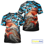 Redfish( Red Drum) Fishing Shirt, Blue Camo Compass Short Sleeve Fishing Jersey