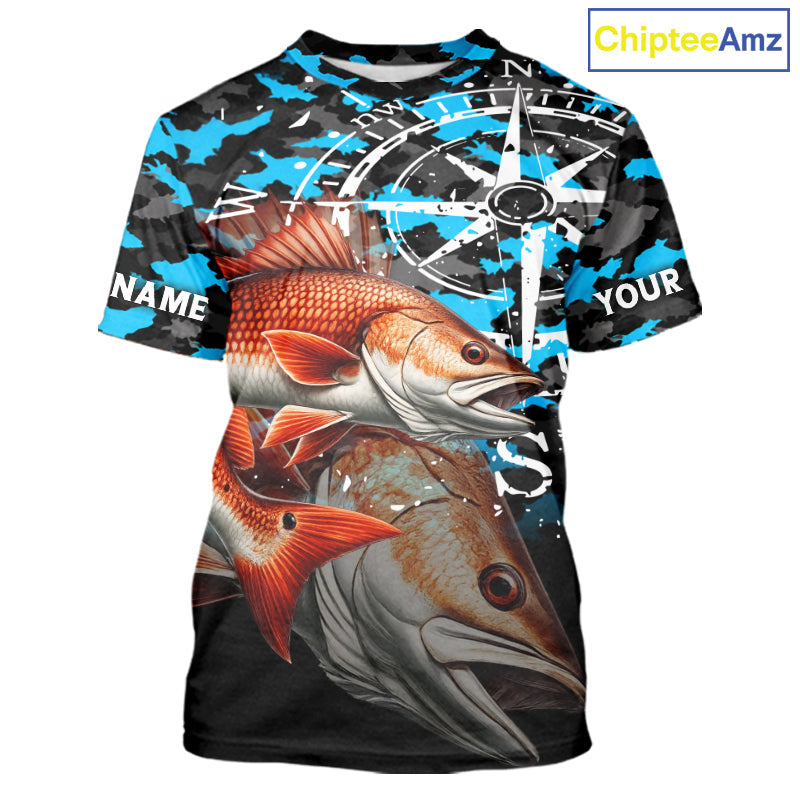 Redfish( Red Drum) Fishing Shirt, Blue Camo Compass Short Sleeve Fishing Jersey