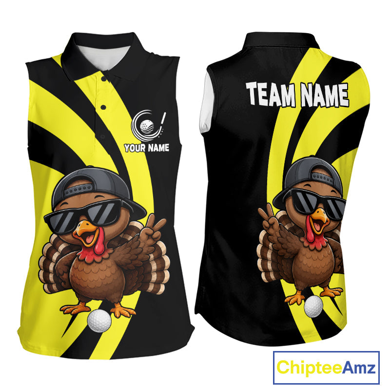 Funny Turkey Golfer Polo, Custom Name Team Sleeveless Golf Shirt, Golf Top