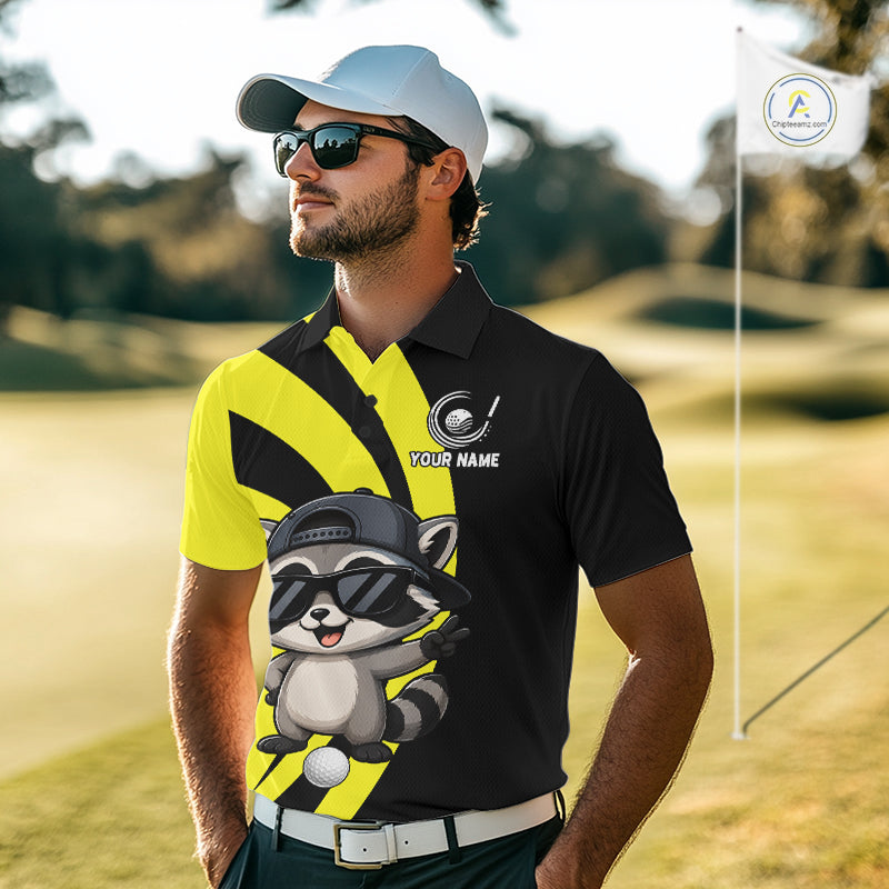 Funny Raccoon Golfer Polo, Custom Name Team Golf Shirt, Golf Top