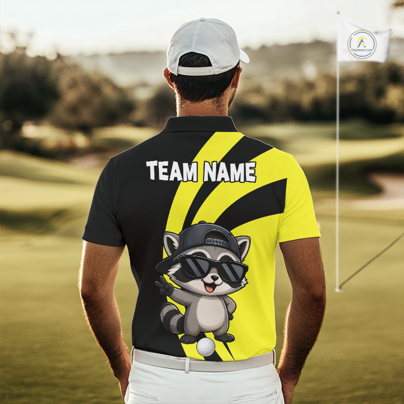 Funny Raccoon Golfer Polo, Custom Name Team Golf Shirt, Golf Top