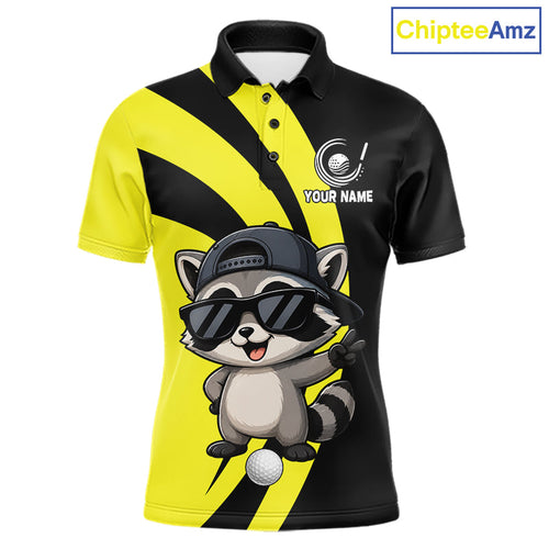 Funny Raccoon Golfer Polo, Custom Name Team Golf Shirt, Golf Top