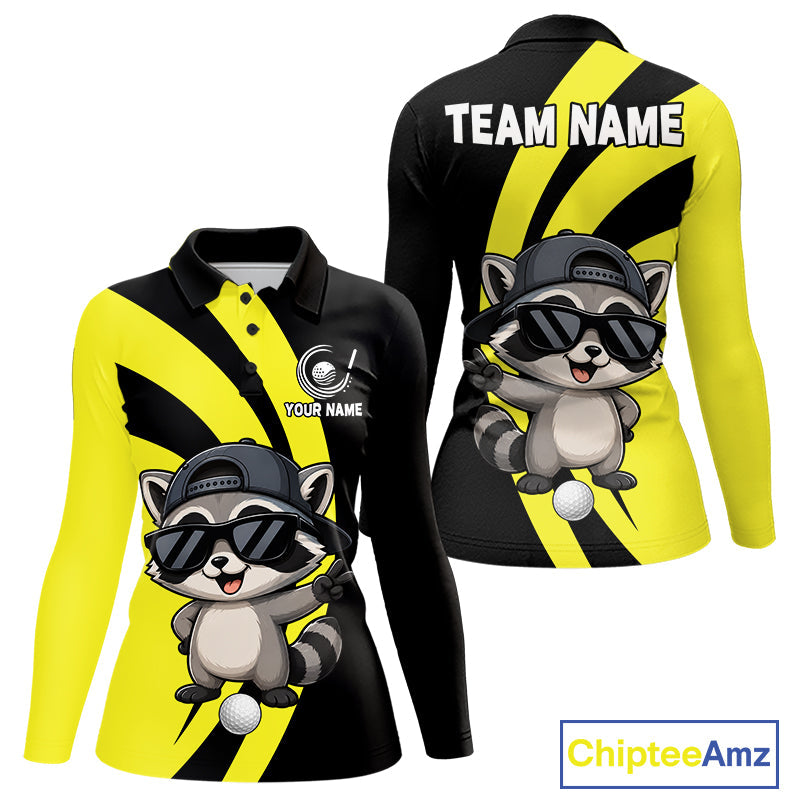 Funny Raccoon Golfer Polo, Custom Name Team Golf Shirt, Golf Top