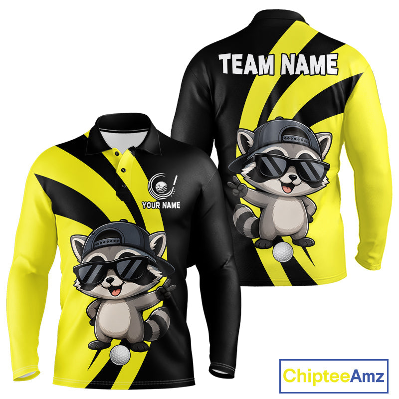 Funny Raccoon Golfer Polo, Custom Name Team Golf Shirt, Golf Top