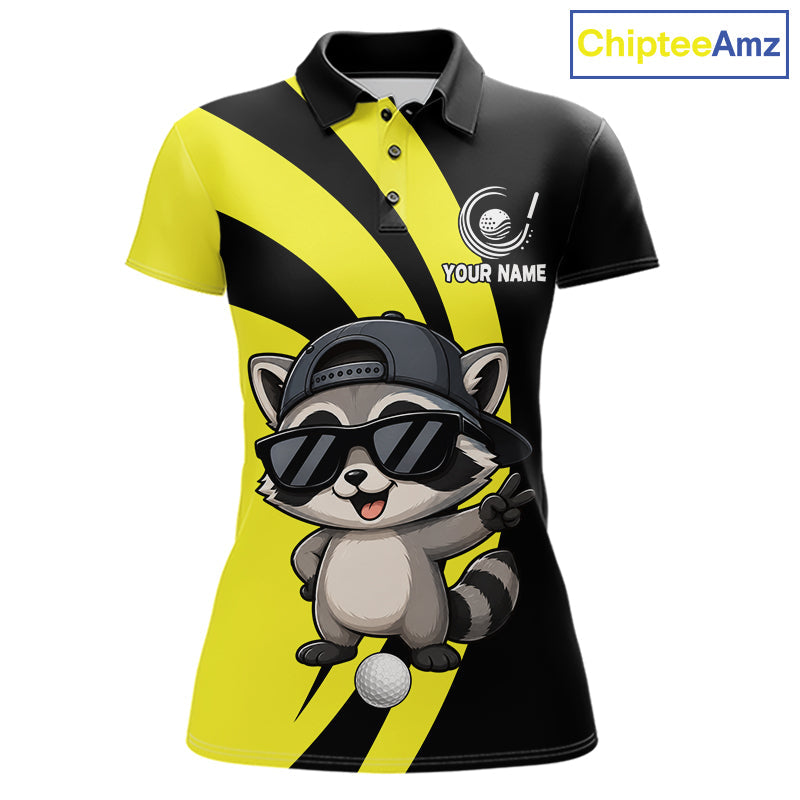 Funny Raccoon Golfer Polo, Custom Name Team Golf Shirt, Golf Top