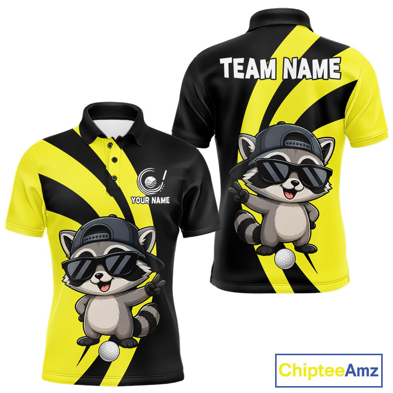Funny Raccoon Golfer Polo, Custom Name Team Golf Shirt, Golf Top
