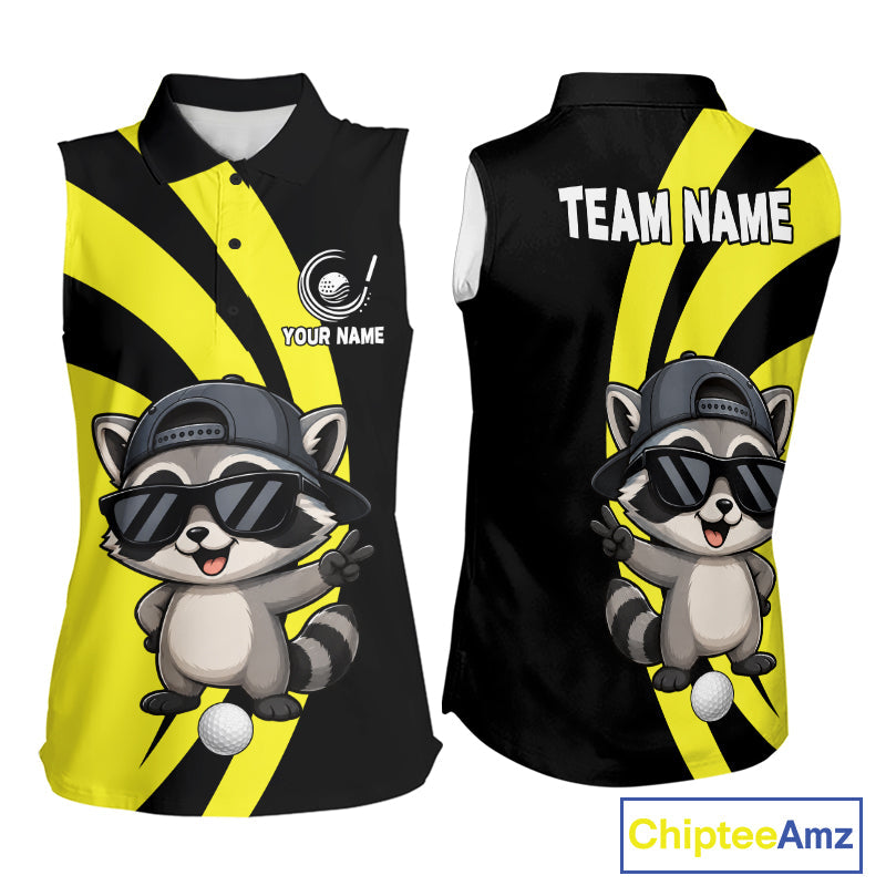Funny Raccoon Golfer Polo, Custom Name Team Sleeveless Golf Shirt, Golf Top