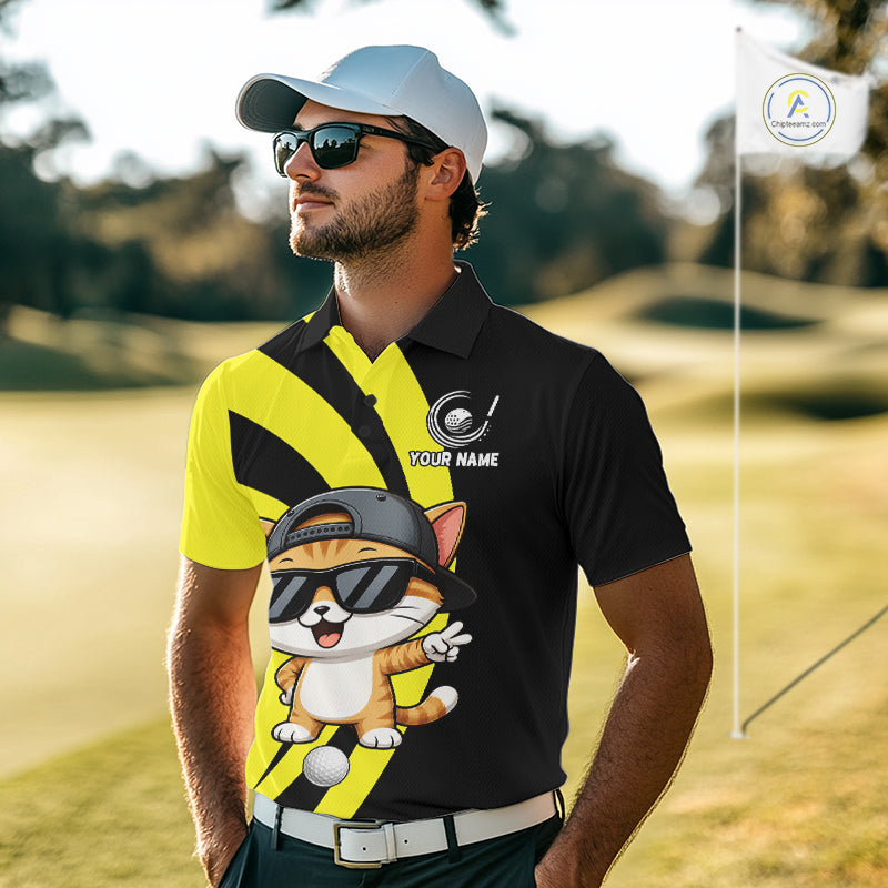 Funny Cat Golfer Polo, Custom Name Team Golf Shirt, Golf Top