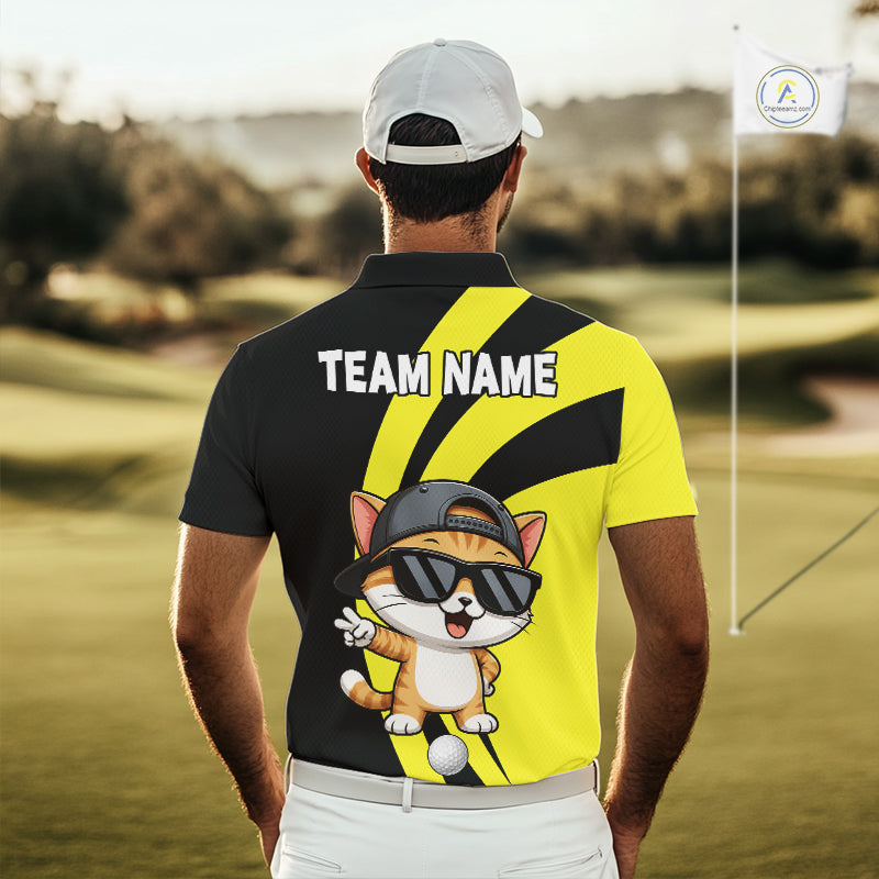 Funny Cat Golfer Polo, Custom Name Team Golf Shirt, Golf Top