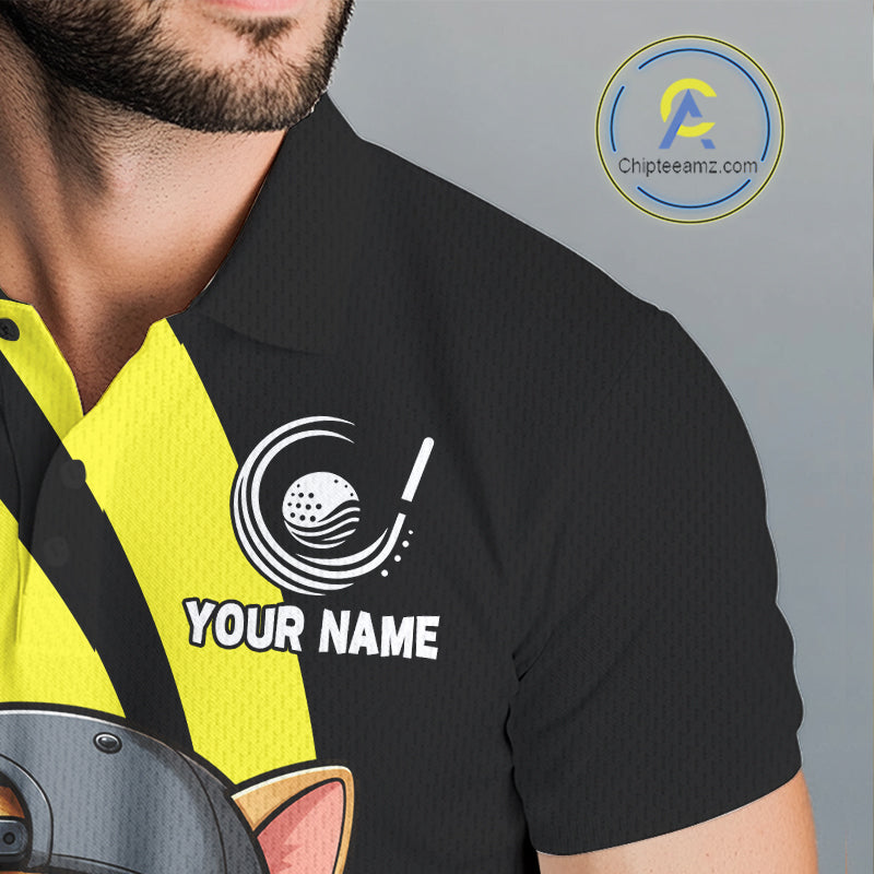Funny Cat Golfer Polo, Custom Name Team Golf Shirt, Golf Top