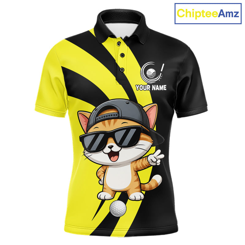 Funny Cat Golfer Polo, Custom Name Team Golf Shirt, Golf Top