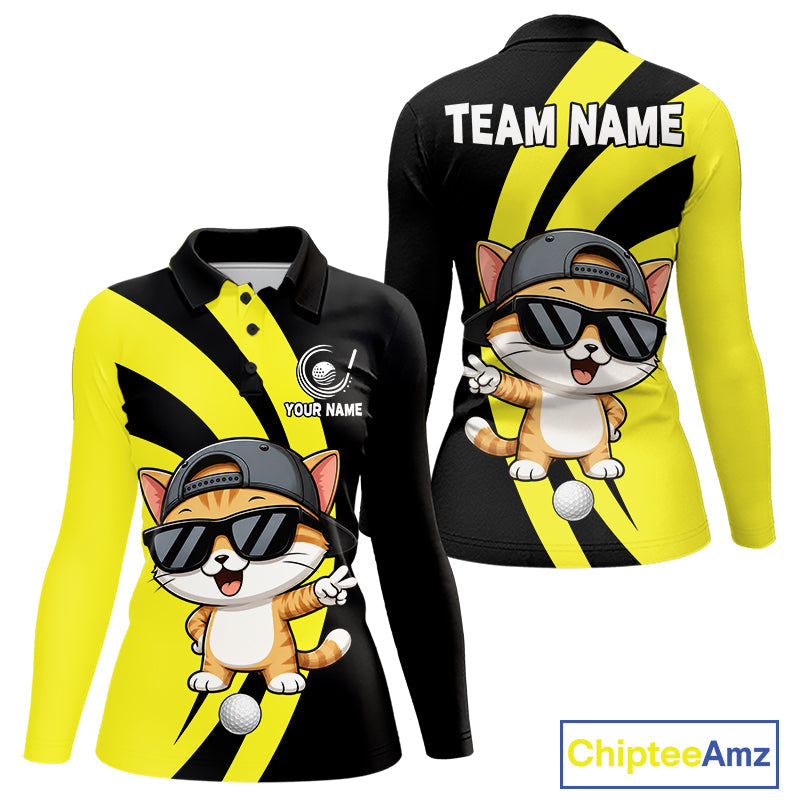 Funny Cat Golfer Polo, Custom Name Team Golf Shirt, Golf Top