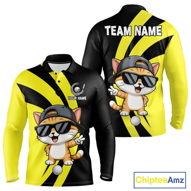 Funny Cat Golfer Polo, Custom Name Team Golf Shirt, Golf Top
