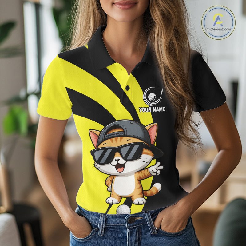 Funny Cat Golfer Polo, Custom Name Team Golf Shirt, Golf Top