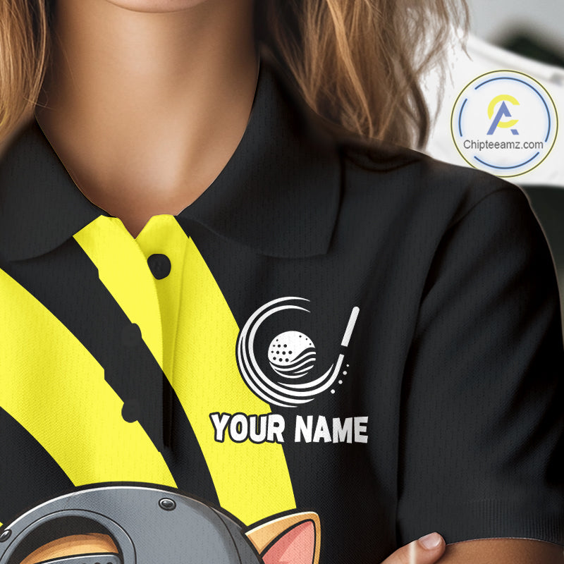 Funny Cat Golfer Polo, Custom Name Team Golf Shirt, Golf Top