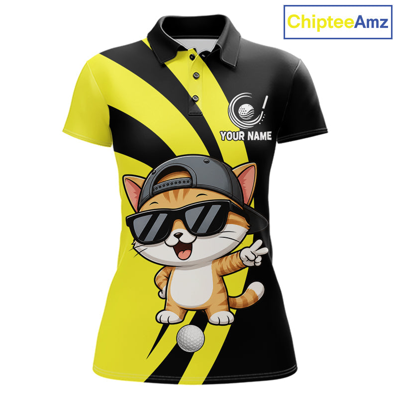 Funny Cat Golfer Polo, Custom Name Team Golf Shirt, Golf Top