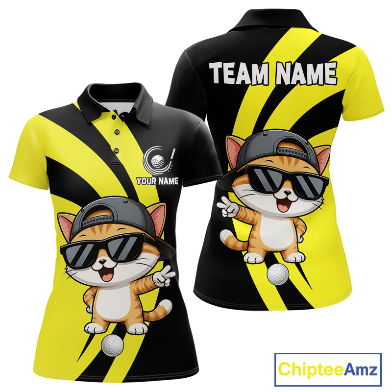 Funny Cat Golfer Polo, Custom Name Team Golf Shirt, Golf Top