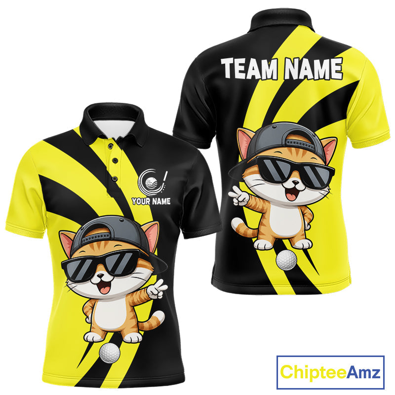 Funny Cat Golfer Polo, Custom Name Team Golf Shirt, Golf Top