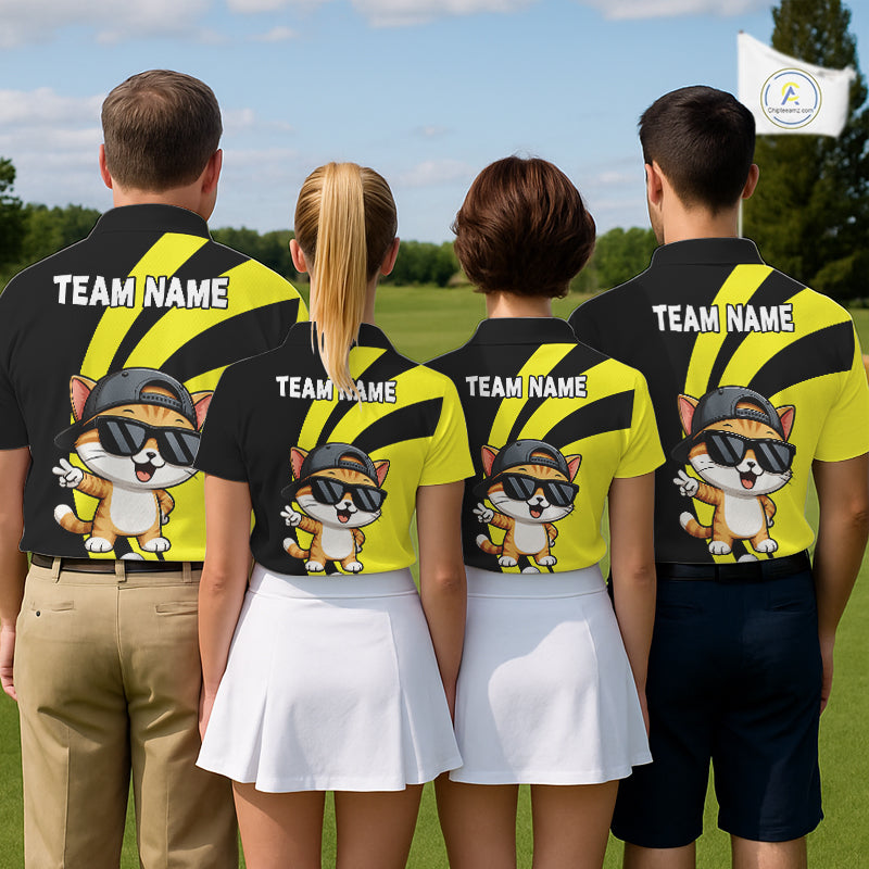 Funny Cat Golfer Polo, Custom Name Team Golf Shirt, Golf Top