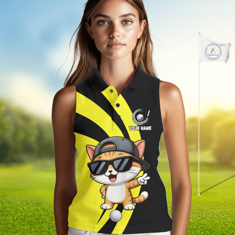 Funny Cat Golfer Polo, Custom Name Team Sleeveless Golf Shirt, Golf Top