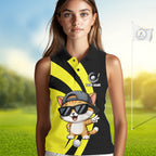Funny Cat Golfer Polo, Custom Name Team Sleeveless Golf Shirt, Golf Top