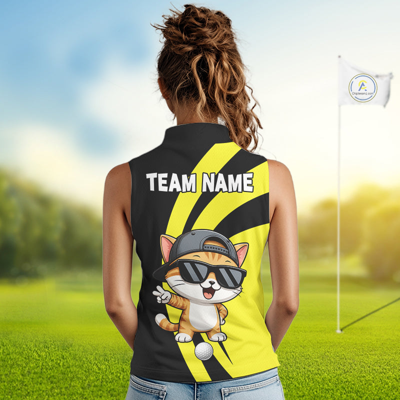 Funny Cat Golfer Polo, Custom Name Team Sleeveless Golf Shirt, Golf Top