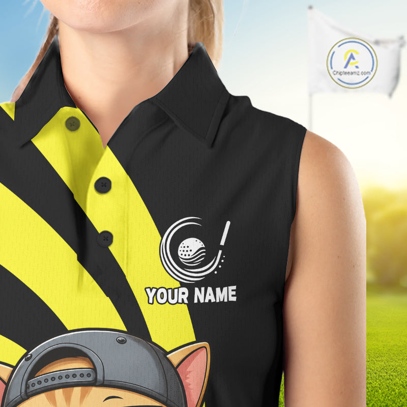 Funny Cat Golfer Polo, Custom Name Team Sleeveless Golf Shirt, Golf Top