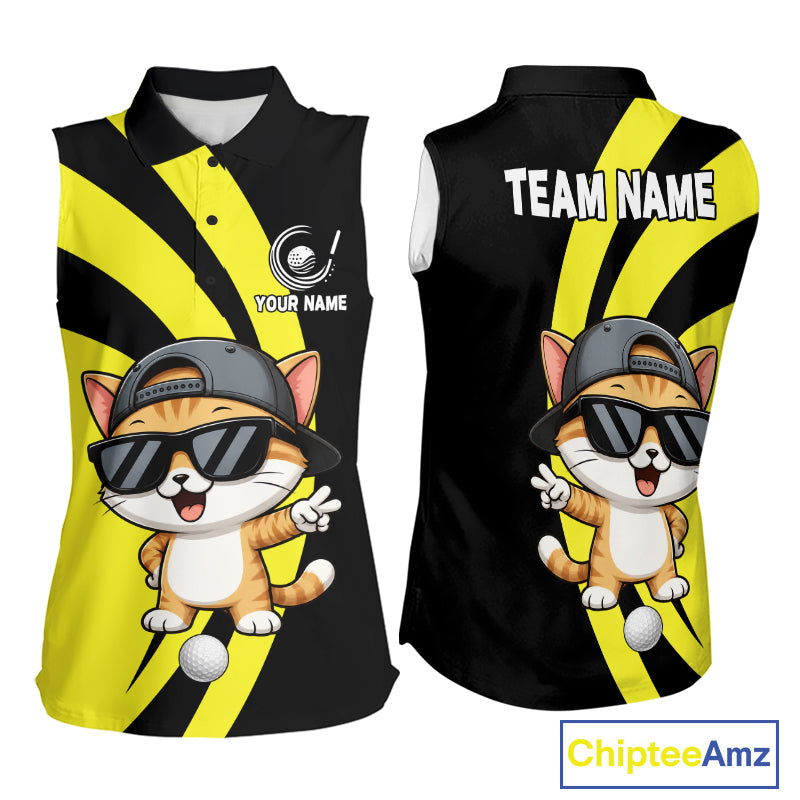 Funny Cat Golfer Polo, Custom Name Team Sleeveless Golf Shirt, Golf Top