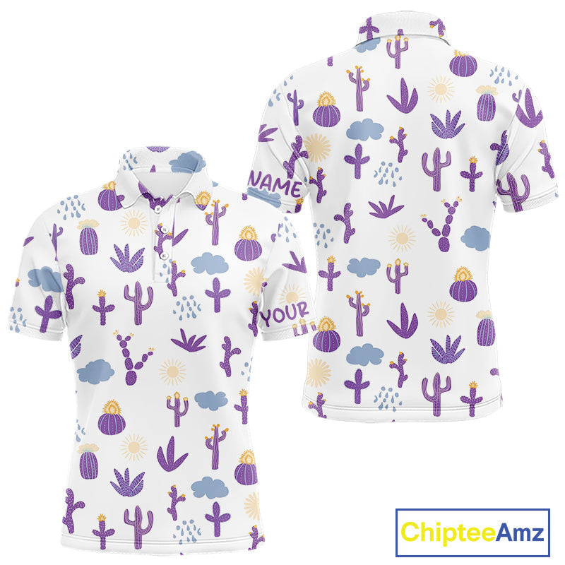 Custom Purple Cactus Golf Polo Shirt - Personalized Desert Pattern Performance Golf Jersey
