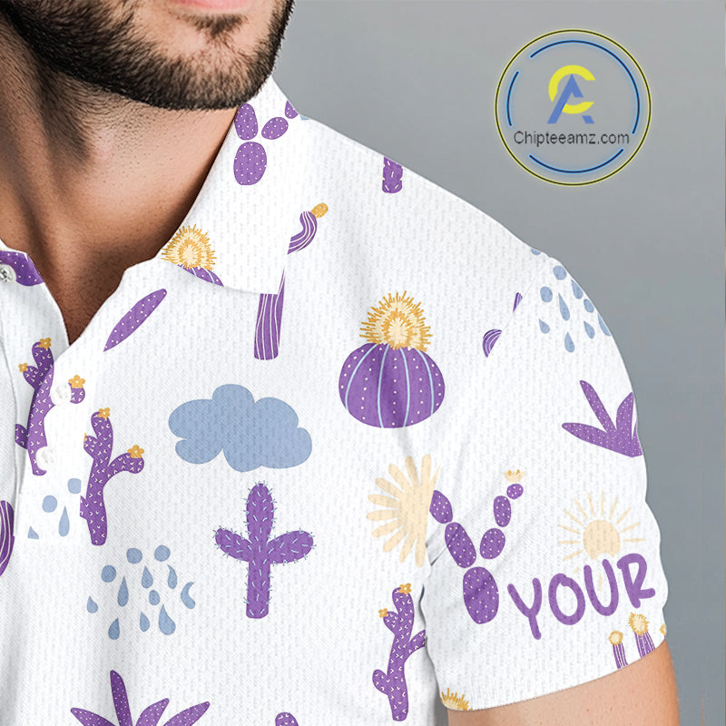 Custom Purple Cactus Golf Polo Shirt - Personalized Desert Pattern Performance Golf Jersey