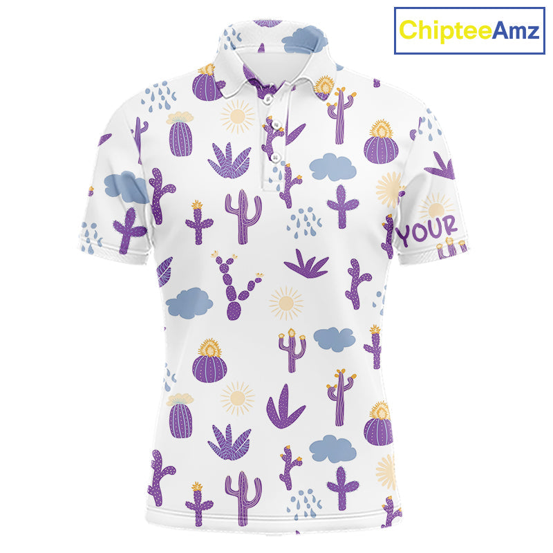 Custom Purple Cactus Golf Polo Shirt - Personalized Desert Pattern Performance Golf Jersey
