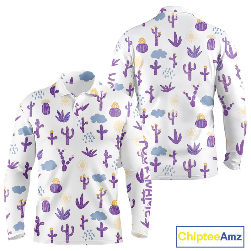 Custom Purple Cactus Golf Polo Shirt - Personalized Desert Pattern Performance Golf Jersey