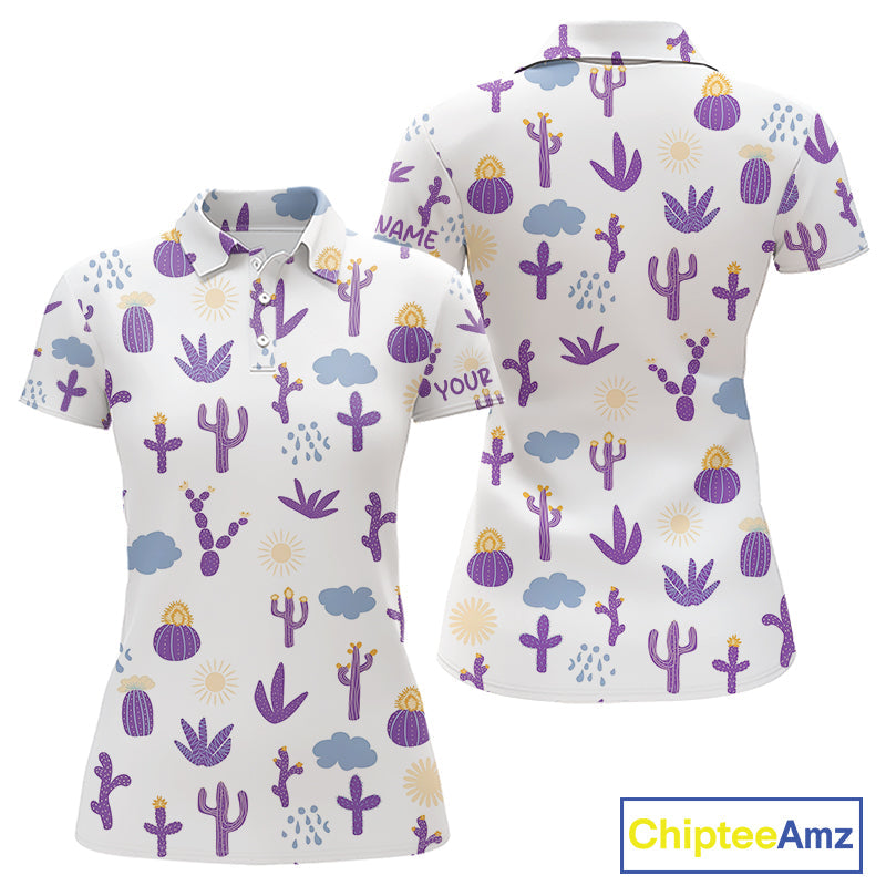 Custom Purple Cactus 's Golf Polo Shirt - Personalized Desert Pattern Performance Golf Jersey