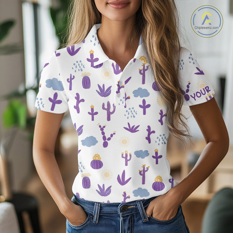 Custom Purple Cactus 's Golf Polo Shirt - Personalized Desert Pattern Performance Golf Jersey
