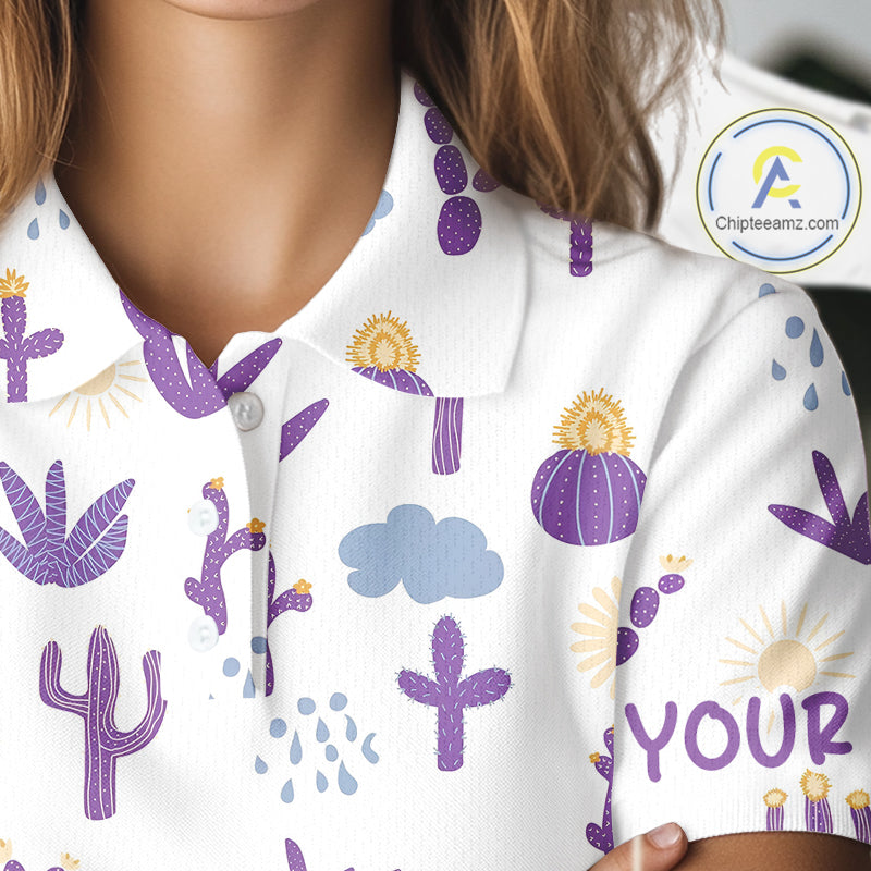 Custom Purple Cactus 's Golf Polo Shirt - Personalized Desert Pattern Performance Golf Jersey