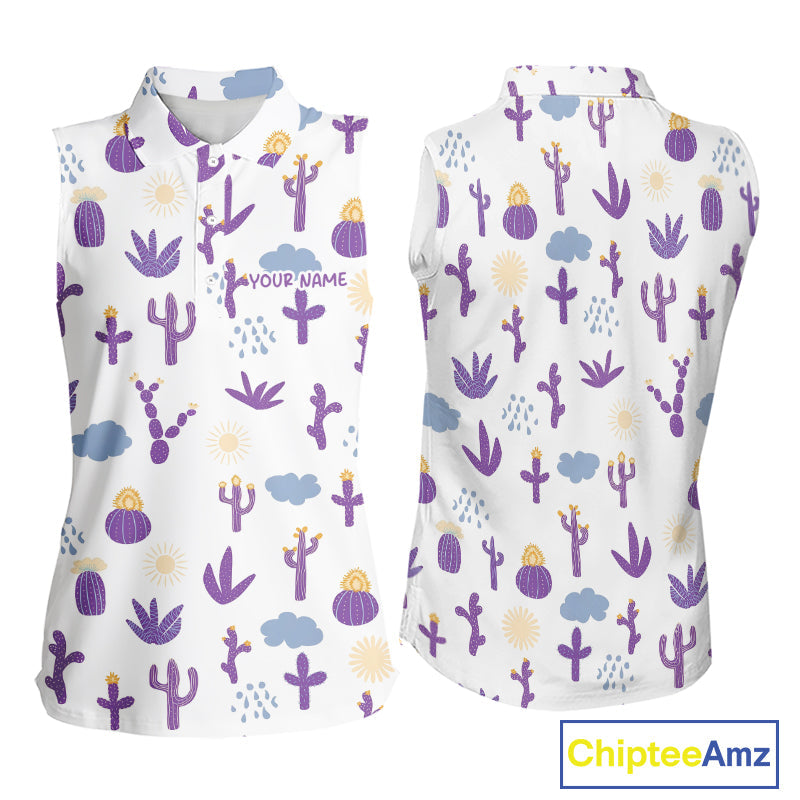 Custom Purple Cactus 's Sleeveless Golf Polo Shirt - Personalized Desert Pattern Performance Golf Jersey