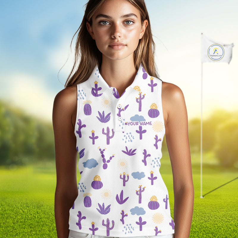 Custom Purple Cactus 's Sleeveless Golf Polo Shirt - Personalized Desert Pattern Performance Golf Jersey