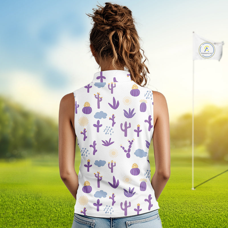 Custom Purple Cactus 's Sleeveless Golf Polo Shirt - Personalized Desert Pattern Performance Golf Jersey