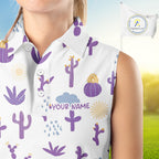Custom Purple Cactus 's Sleeveless Golf Polo Shirt - Personalized Desert Pattern Performance Golf Jersey