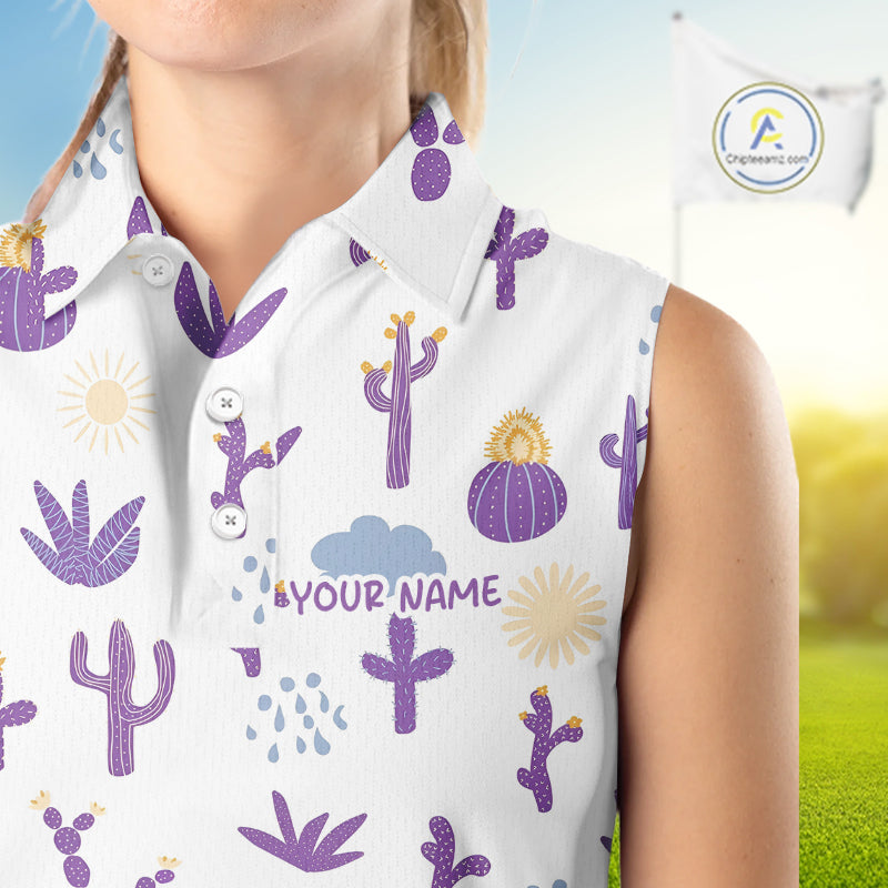 Custom Purple Cactus 's Sleeveless Golf Polo Shirt - Personalized Desert Pattern Performance Golf Jersey