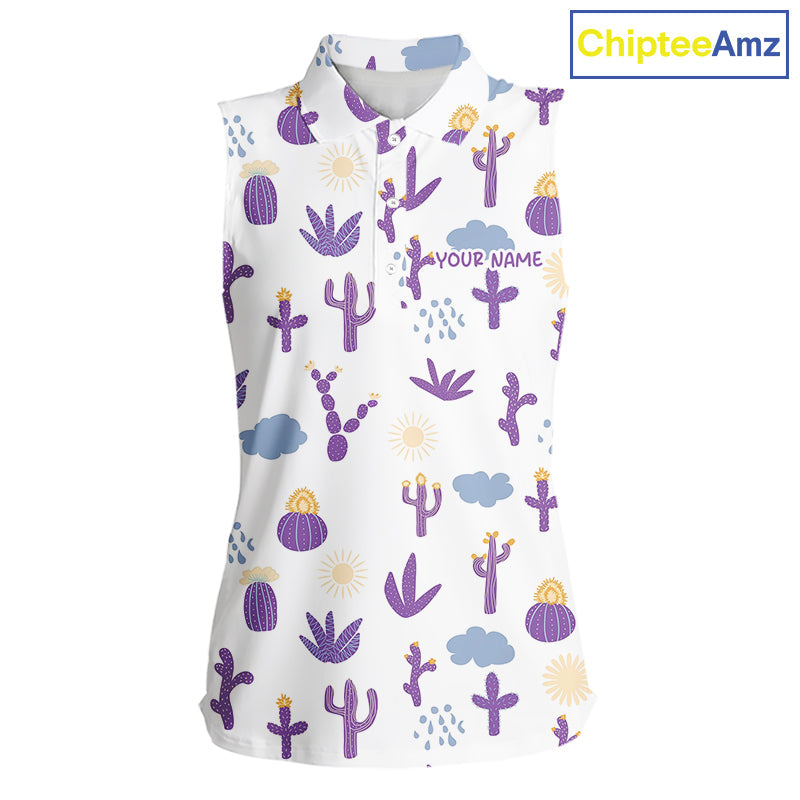 Custom Purple Cactus 's Sleeveless Golf Polo Shirt - Personalized Desert Pattern Performance Golf Jersey