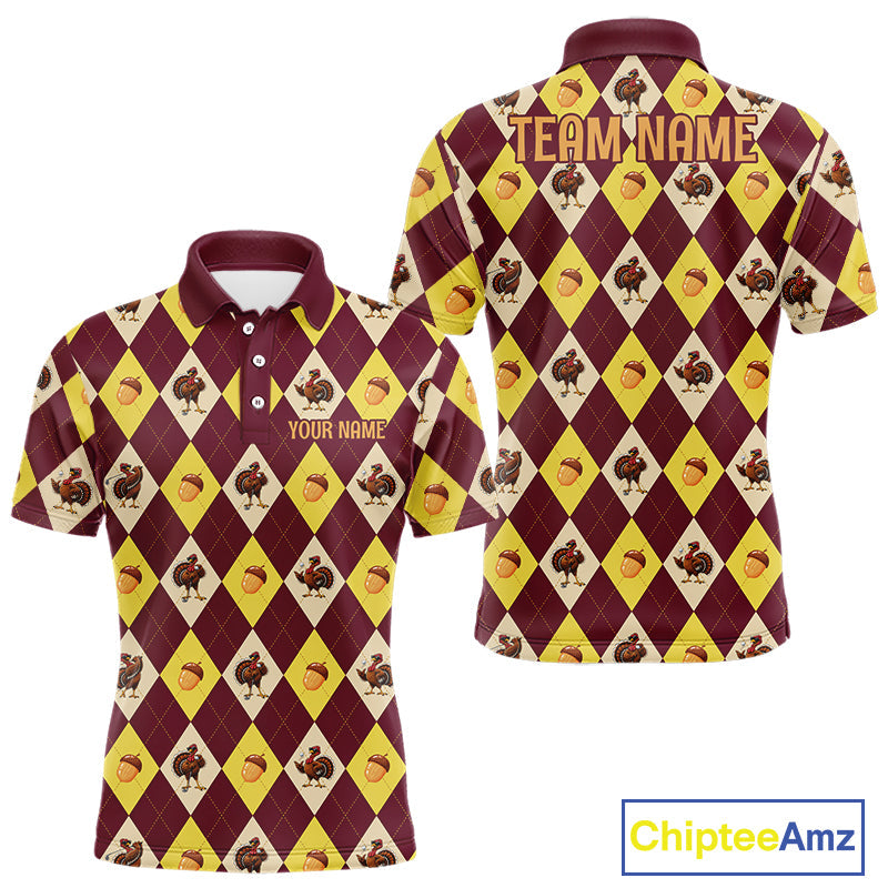Turkey Golf Shirt, Thanksgiving Argyle Golf Top, Custom Name Golf Shirt