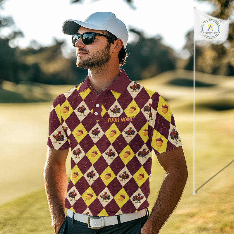 Turkey Golf Shirt, Thanksgiving Argyle Golf Top, Custom Name Golf Shirt