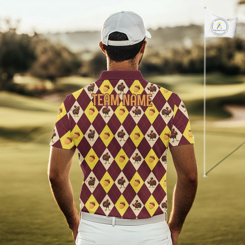 Turkey Golf Shirt, Thanksgiving Argyle Golf Top, Custom Name Golf Shirt