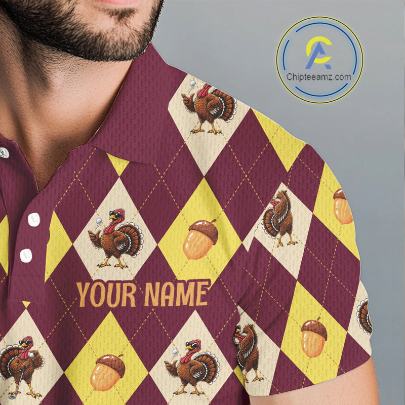Turkey Golf Shirt, Thanksgiving Argyle Golf Top, Custom Name Golf Shirt