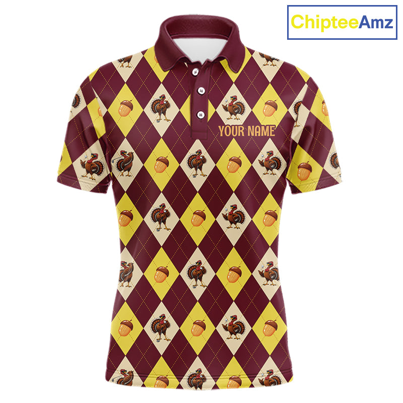 Turkey Golf Shirt, Thanksgiving Argyle Golf Top, Custom Name Golf Shirt