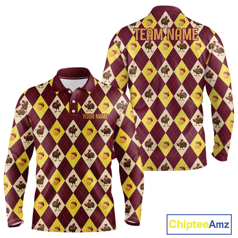 Turkey Golf Shirt, Thanksgiving Argyle Golf Top, Custom Name Golf Shirt