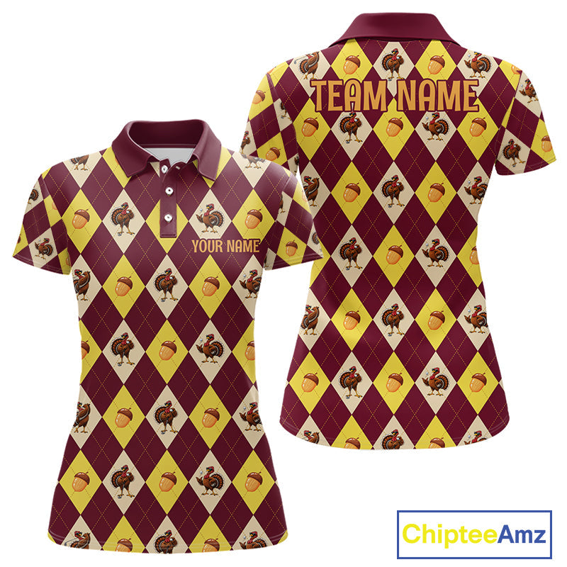 Turkey Golf Shirt, Thanksgiving Argyle Golf Top, Custom Name Golf Shirt