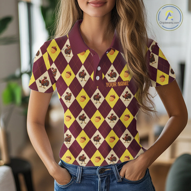 Turkey Golf Shirt, Thanksgiving Argyle Golf Top, Custom Name Golf Shirt